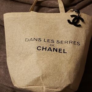 CHANEL Natural Canvas Tote with Black Logo